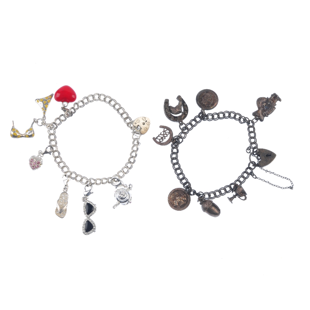 Six charm bracelets. To include a nautical themed charm bracelet and a double curb-link bracelet