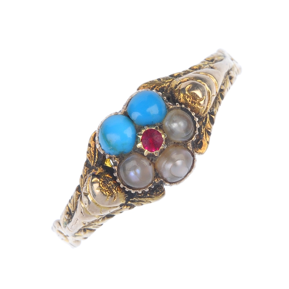 A late Victorian gold gem-set memorial ring. The turquoise, split pearl and red gem floral