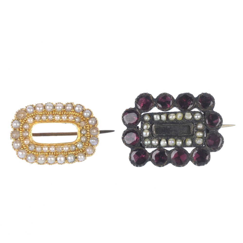 Two mid Victorian gem-set brooches. Each of rectangular outline, to include a split pearl and garnet