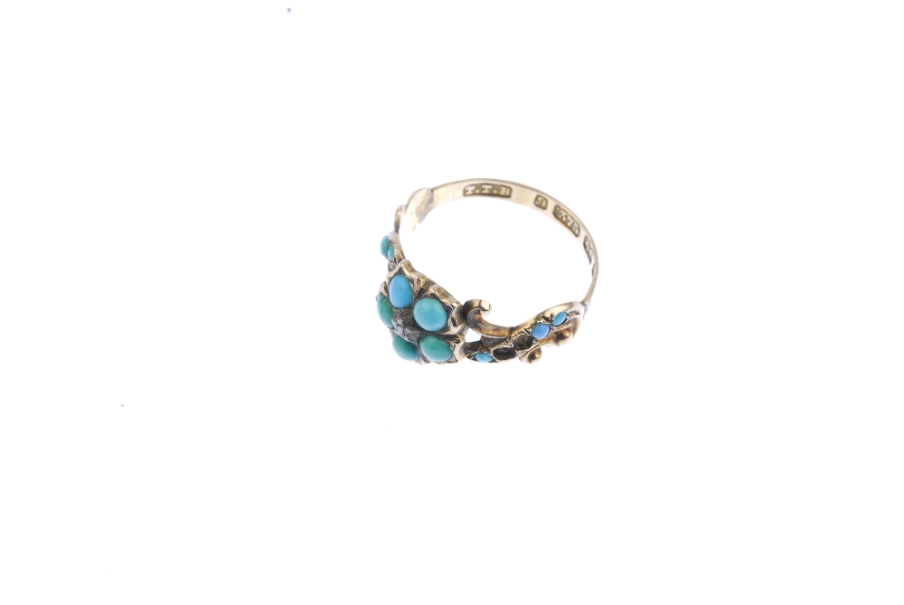 A mid Victorian 9ct gold turquoise and diamond forget-me-not ring. The circular turquoise cabochon - Image 2 of 4