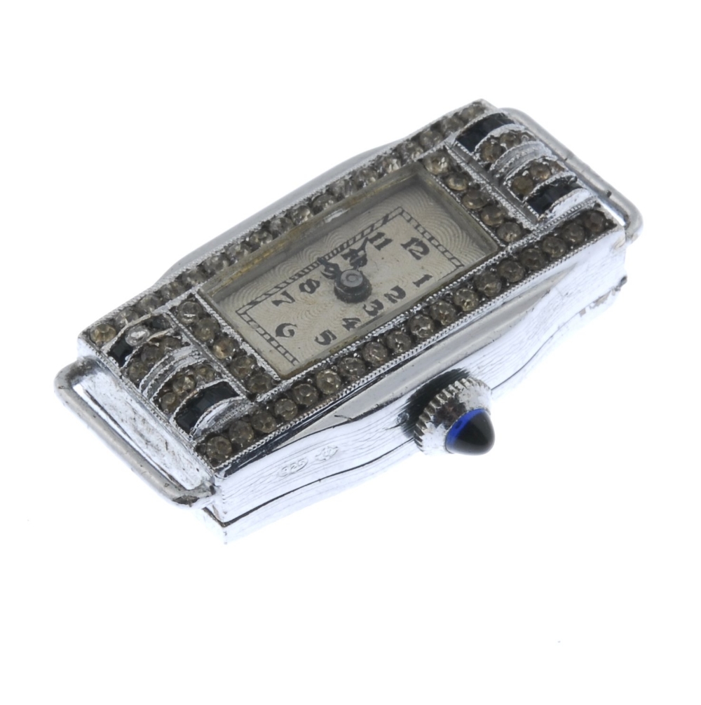 A lady's silver and paste watch head. Of rectangular outline, the blue and colourless pastes to - Image 3 of 3