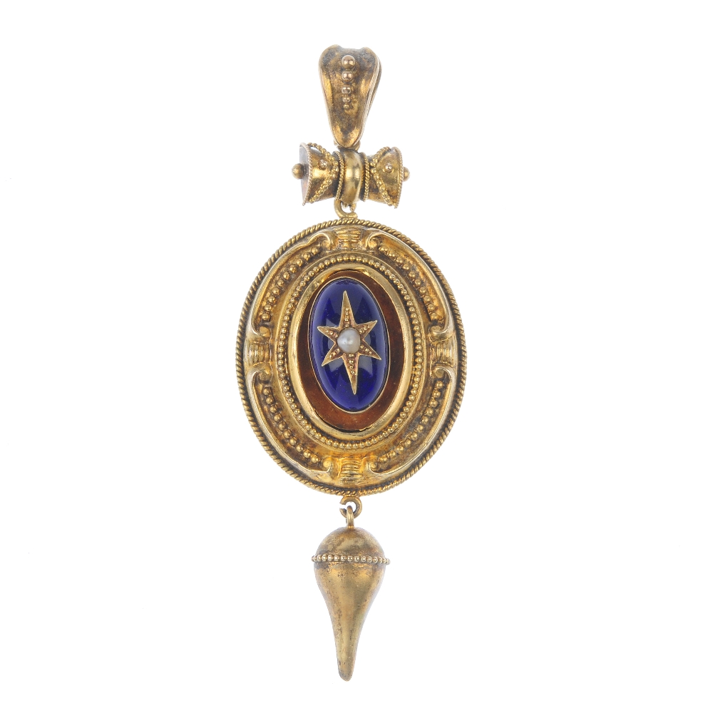 A late Victorian gold plated and enamel pendant. The split pearl and blue enamel oval-shape