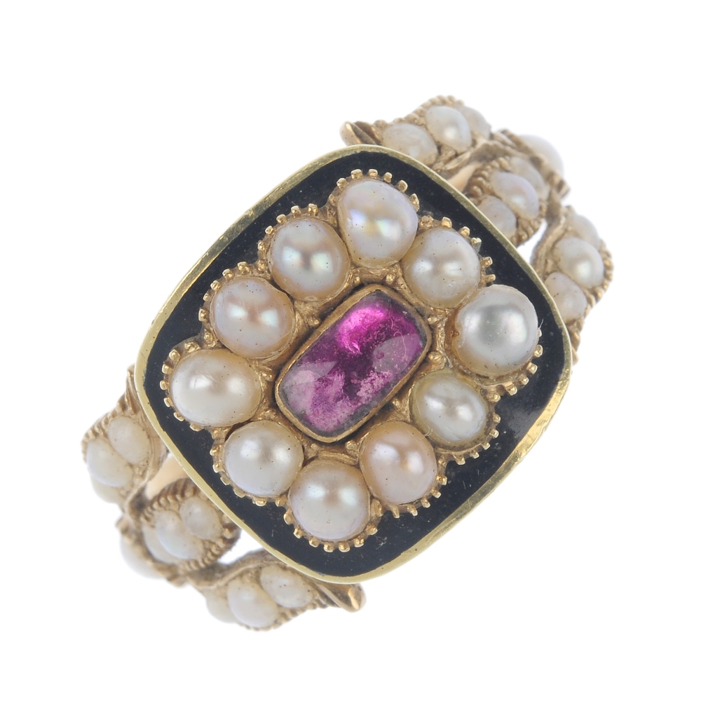 A late George III 15ct gold memorial split pearl and enamel memorial ring. The pink foil-back