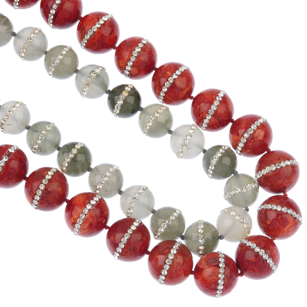 A selection of gemstone jewellery. To include a treated coral and paste necklace designed as a