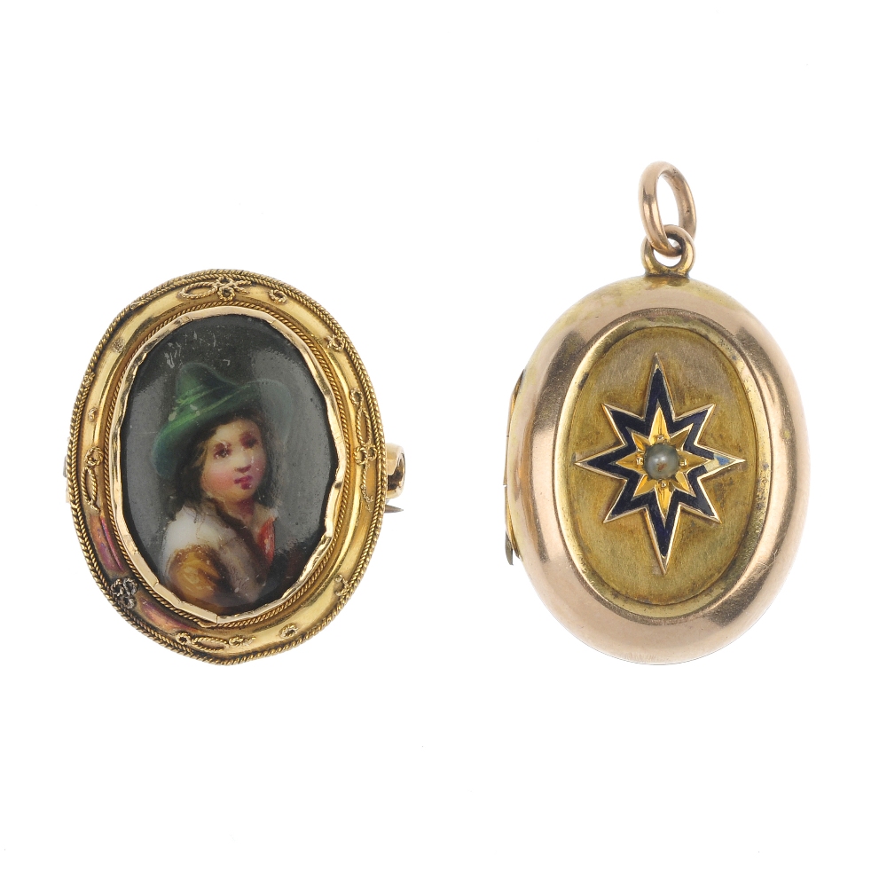 A late 19th century gold brooch and locket. To include a portrait miniature brooch, the ceramic