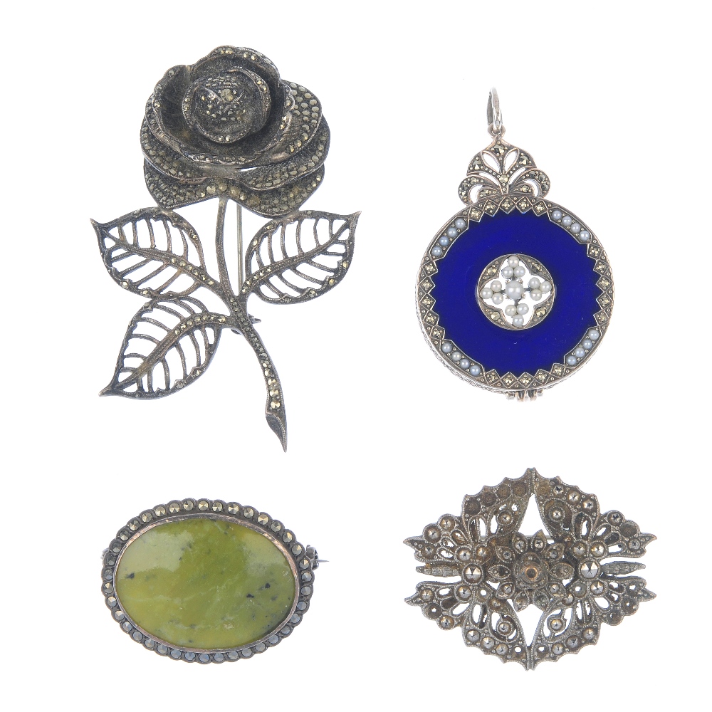A selection of marcasite jewellery. To include a bracelet with onyx inlaid to the centre of the