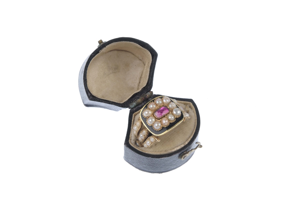 A late George III 15ct gold memorial split pearl and enamel memorial ring. The pink foil-back - Image 5 of 5