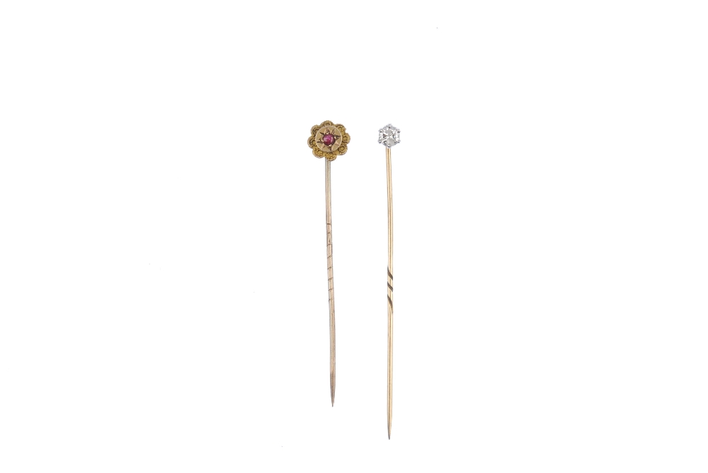 Two stickpins. The first designed a single brilliant-cut diamond stickpin, the second of floral - Image 2 of 2