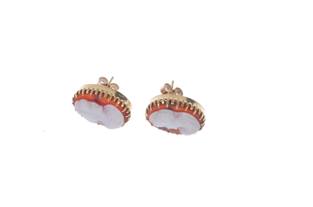 A pair of hardstone cameo ear studs. Each designed as a hardstone cameo carved to depict the side - Image 3 of 3