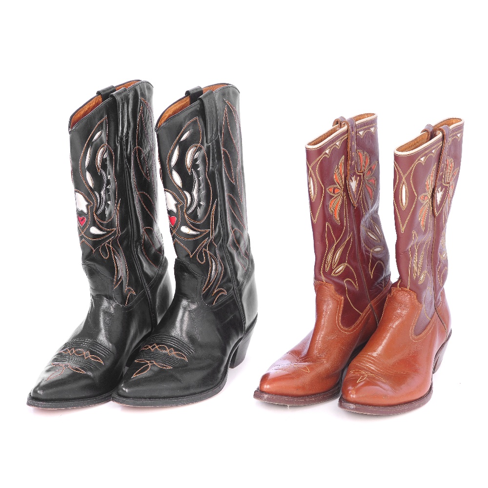 Two pairs of leather cowboy boots. To include a black pair by Tony Mora and a similar tan coloured