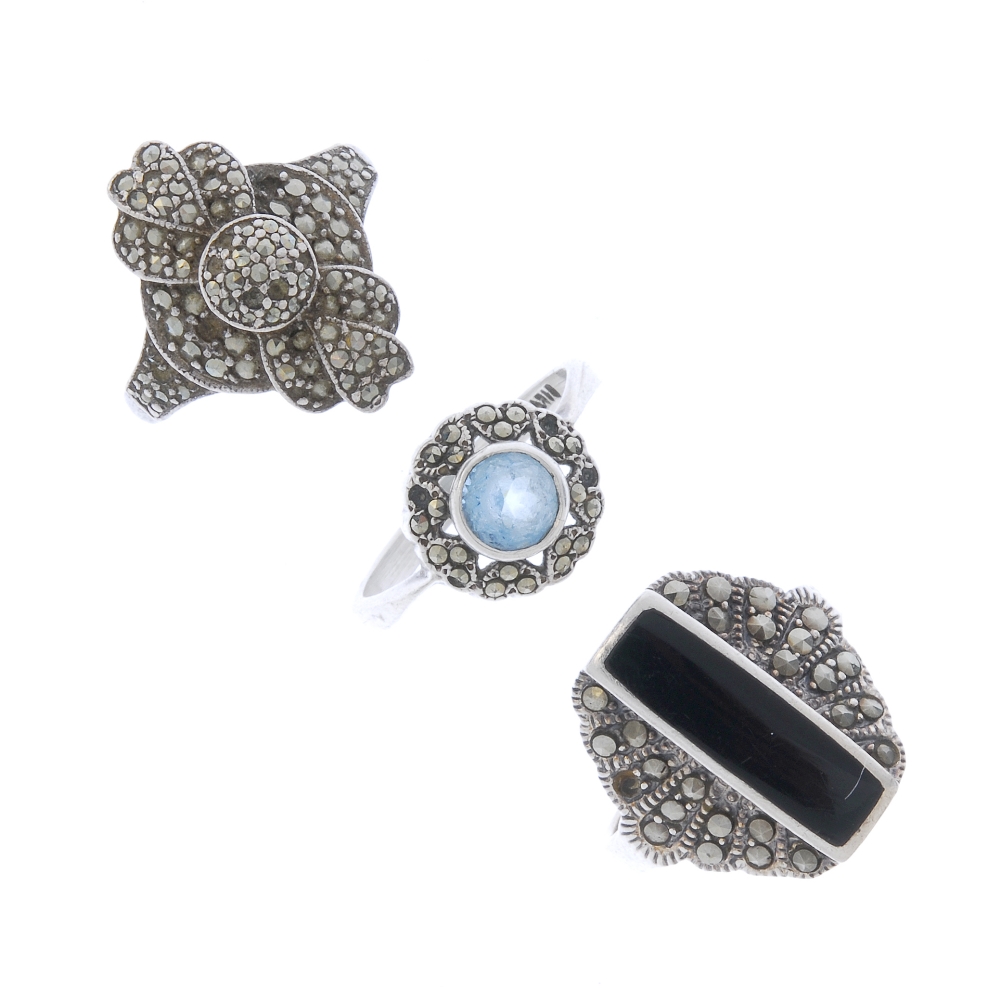A selection of marcasite rings. Of various shapes and sizes, many with gem-set accents. (29) Many