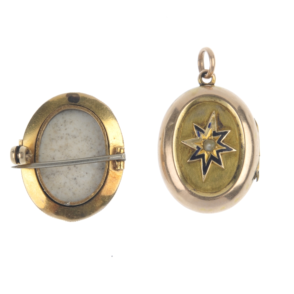 A late 19th century gold brooch and locket. To include a portrait miniature brooch, the ceramic - Image 2 of 2