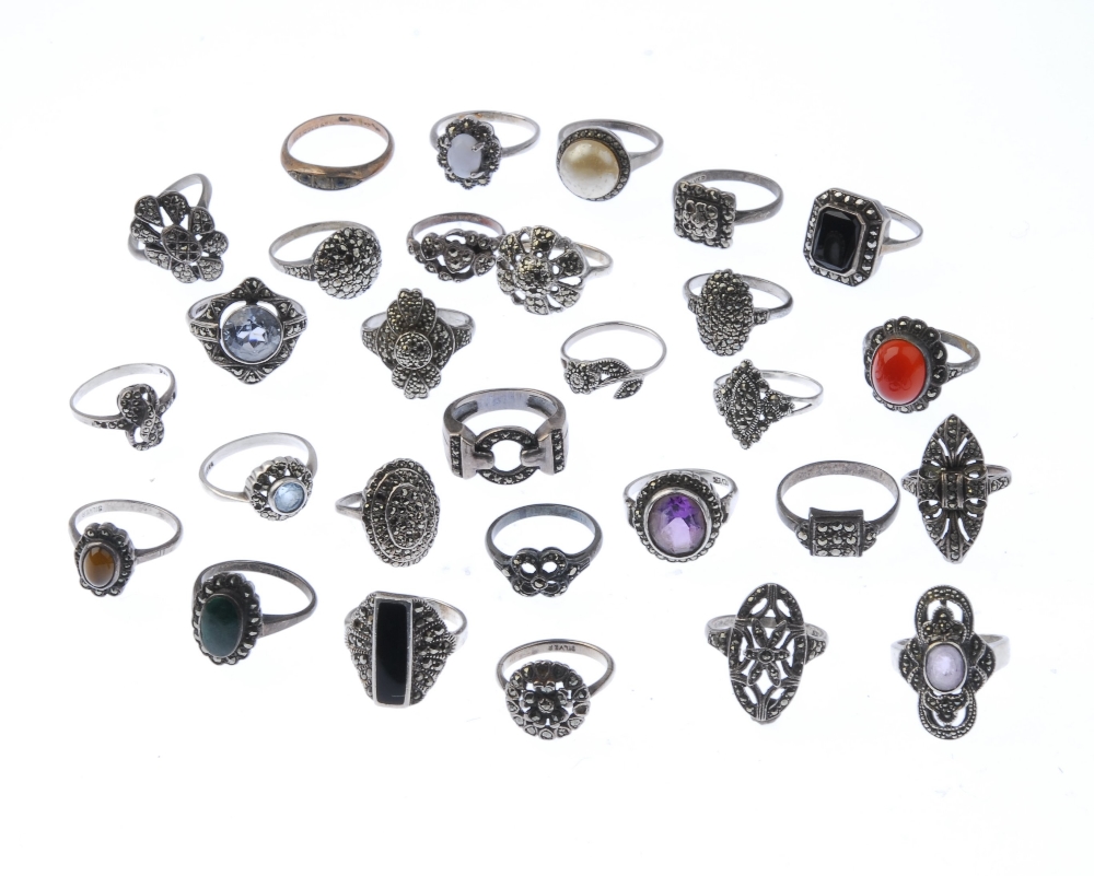 A selection of marcasite rings. Of various shapes and sizes, many with gem-set accents. (29) Many - Image 2 of 2