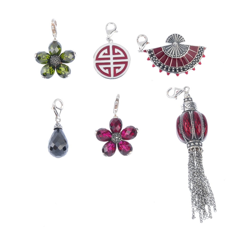 THOMAS SABO - six charms. To include a red enamelled lantern with tassel detail, a black synthetic