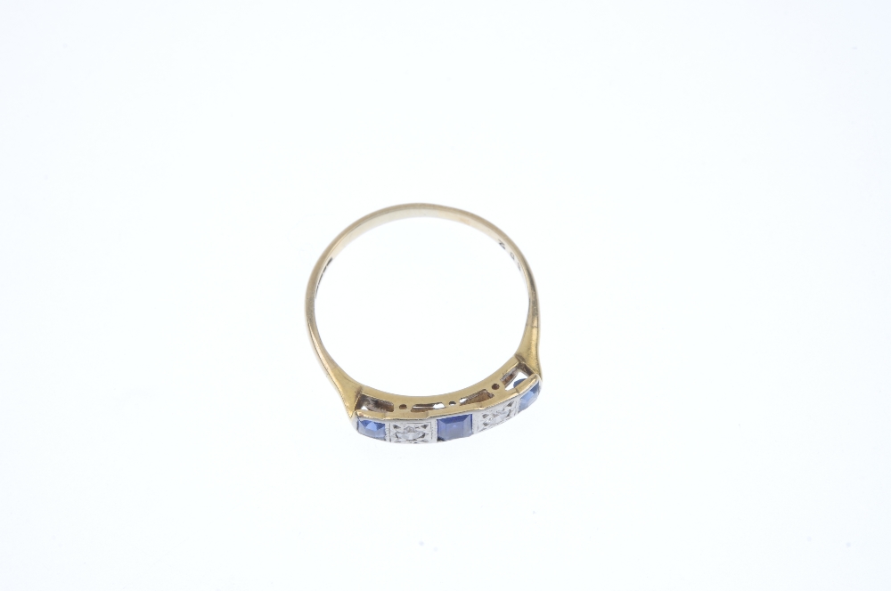 A mid 20th century 9ct gold sapphire and diamond five-stone ring. Designed as three rectangular- - Image 2 of 4