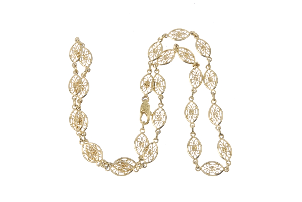 An 18ct gold necklace. Designed as a series of marquise-shape openwork links, to the textured - Image 2 of 2