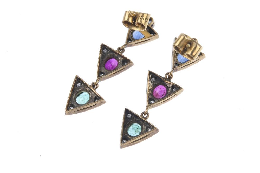 A pair of diamond and gem-set ear pendants. Each designed as a series of three triangular-shape - Image 2 of 2