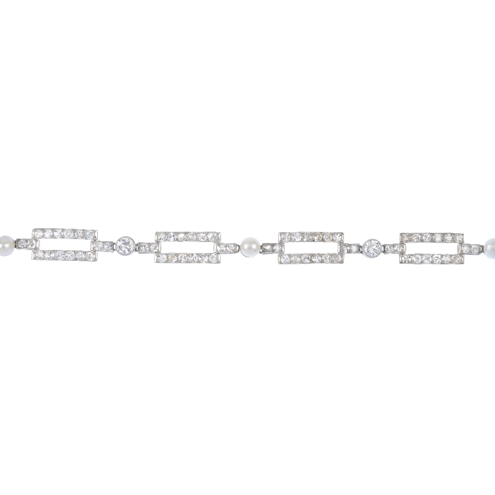 A diamond and cultured pearl bracelet. Designed as a series of rectangular-shape old-cut diamond