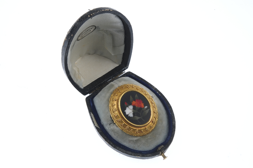 A late 19th century gold pietra dura brooch. Of foliate design, the pietra dura panel, within a - Image 3 of 3