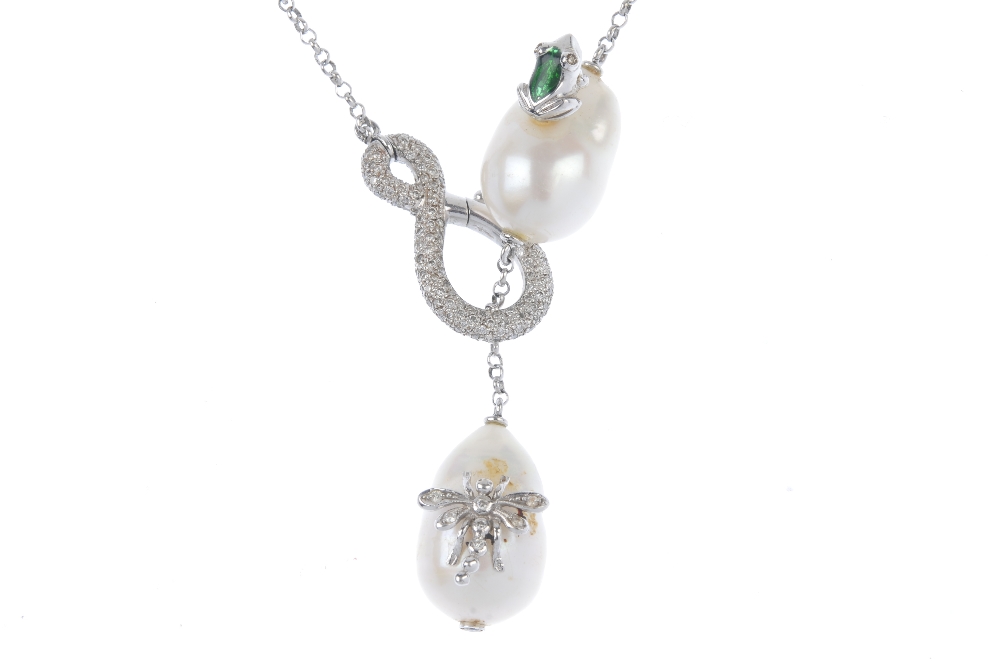 A diamond and baroque pearl necklace. Designed as a series of baroque pearls, some of which have - Image 2 of 3