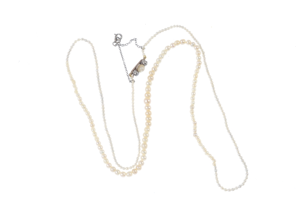 A natural pearl necklace. Comprising a single-row of graduated pearls, measuring 4.7 to 1.9mms, to - Image 2 of 3