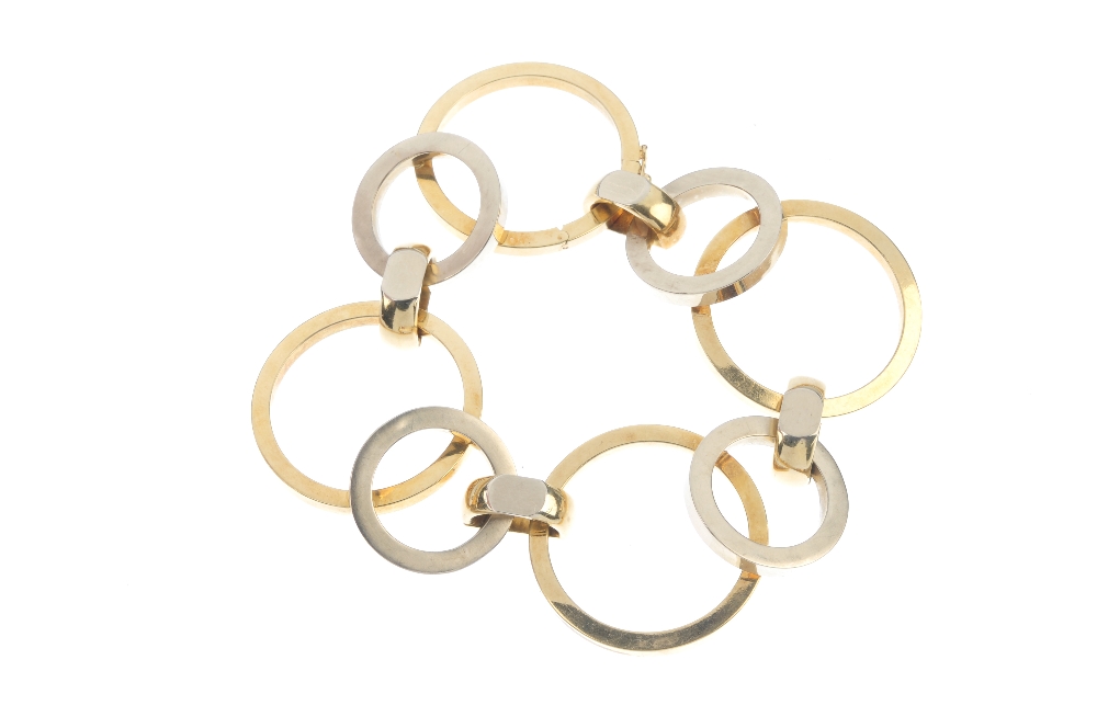 A bi-colour bracelet. Designed as a series of vari-shape circular-shape links, to the concealed - Image 3 of 3