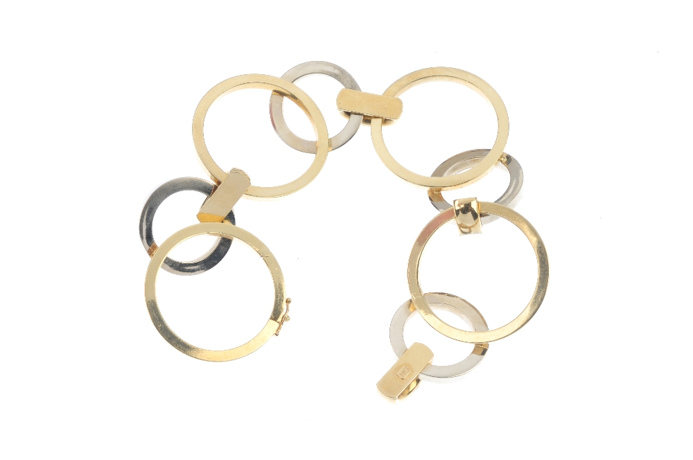 A bi-colour bracelet. Designed as a series of vari-shape circular-shape links, to the concealed - Image 2 of 3