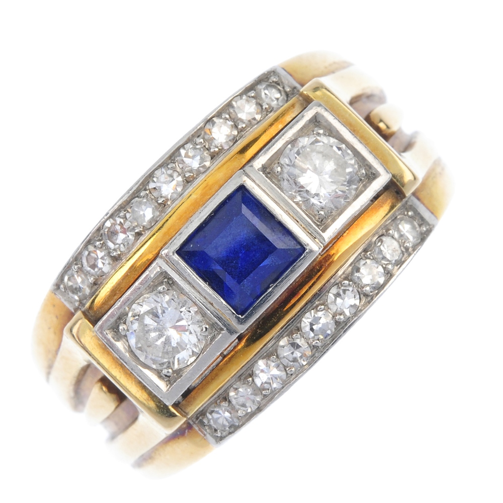 A sapphire and diamond dress ring. The square-shape sapphire, with brilliant-cut diamond sides, to