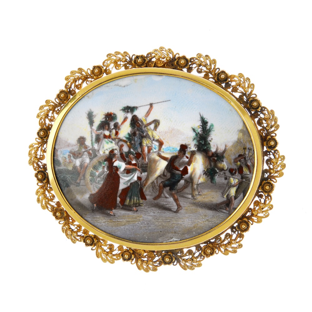 An early 20th century gold miniature portrait brooch. The oval-shape miniature portrait depicting