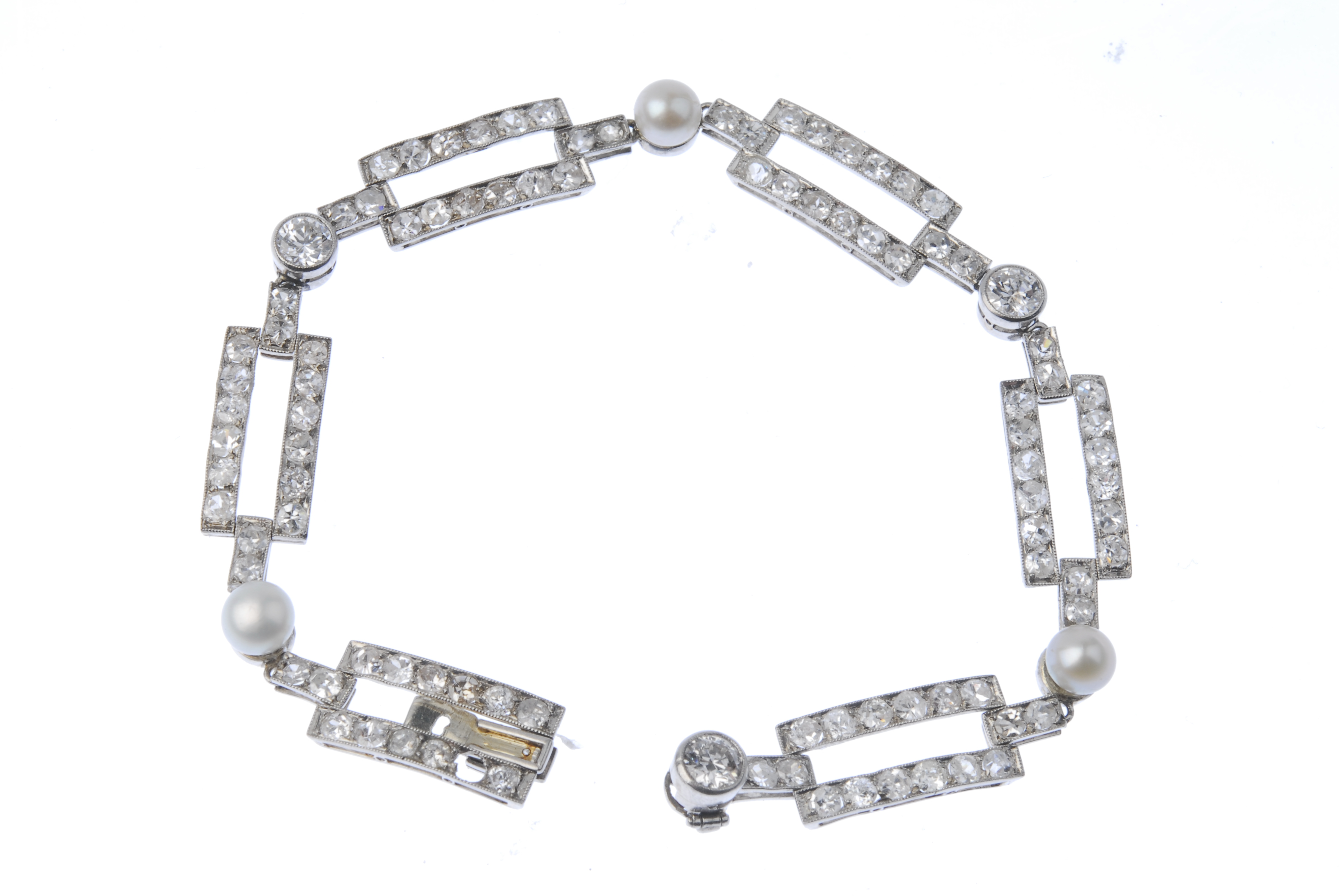 A diamond and cultured pearl bracelet. Designed as a series of rectangular-shape old-cut diamond - Image 3 of 3