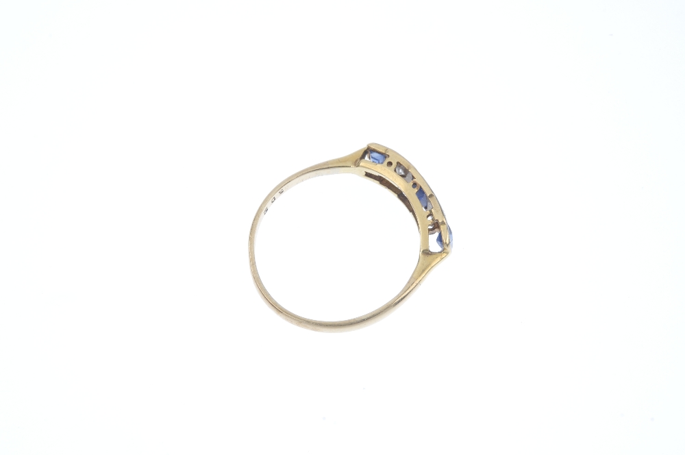 A mid 20th century 9ct gold sapphire and diamond five-stone ring. Designed as three rectangular- - Image 4 of 4