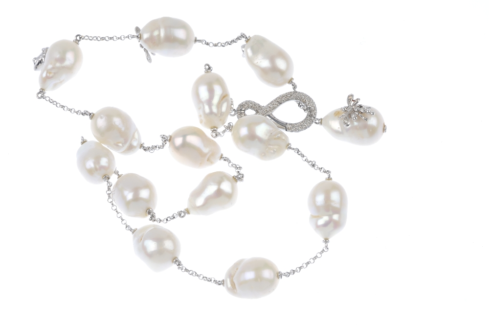 A diamond and baroque pearl necklace. Designed as a series of baroque pearls, some of which have - Image 3 of 3