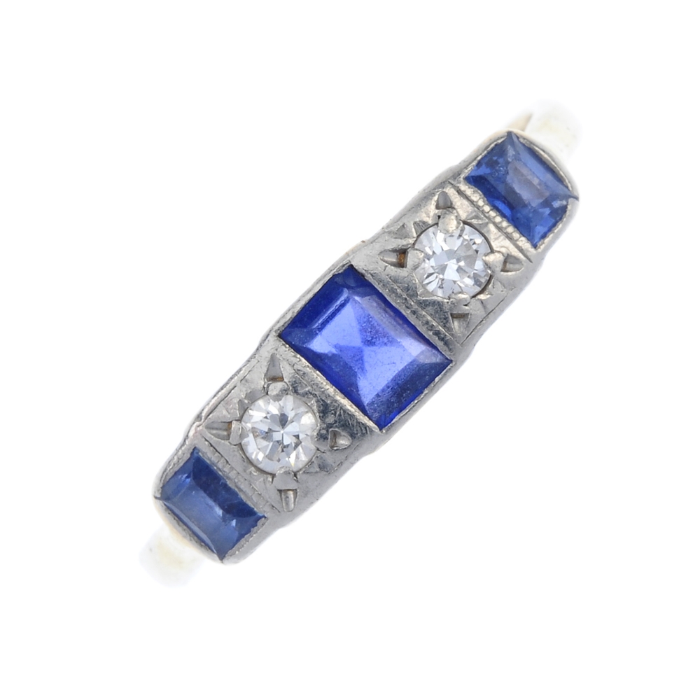 A mid 20th century 9ct gold sapphire and diamond five-stone ring. Designed as three rectangular-