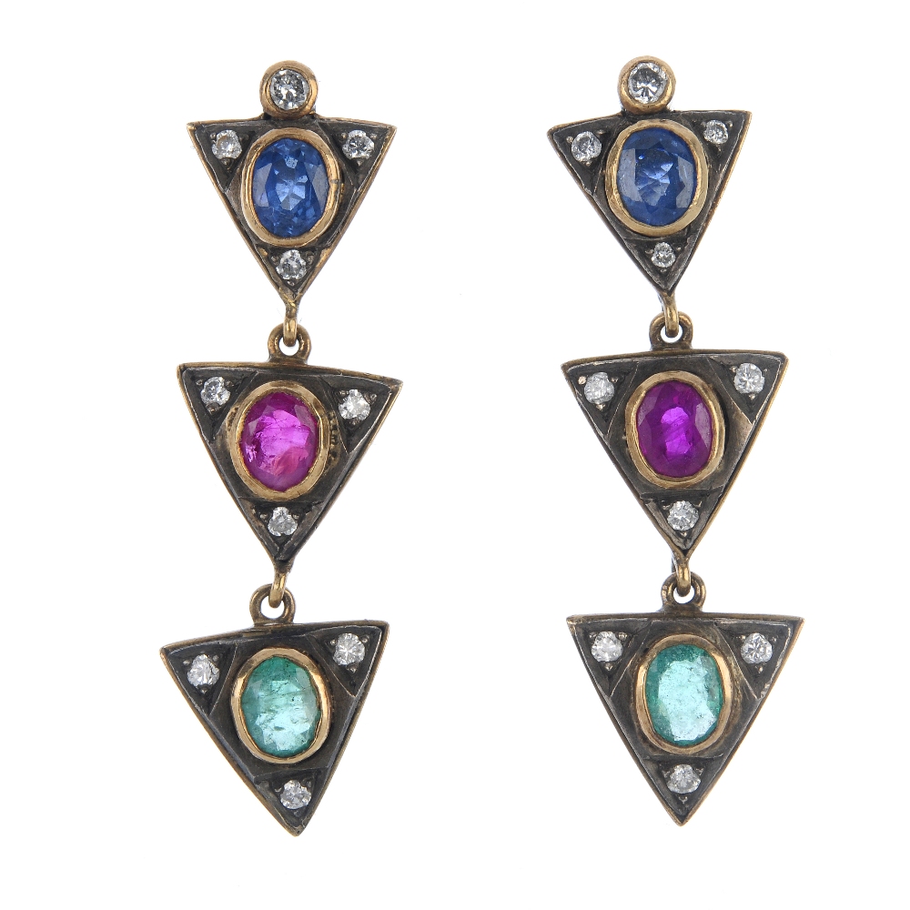 A pair of diamond and gem-set ear pendants. Each designed as a series of three triangular-shape