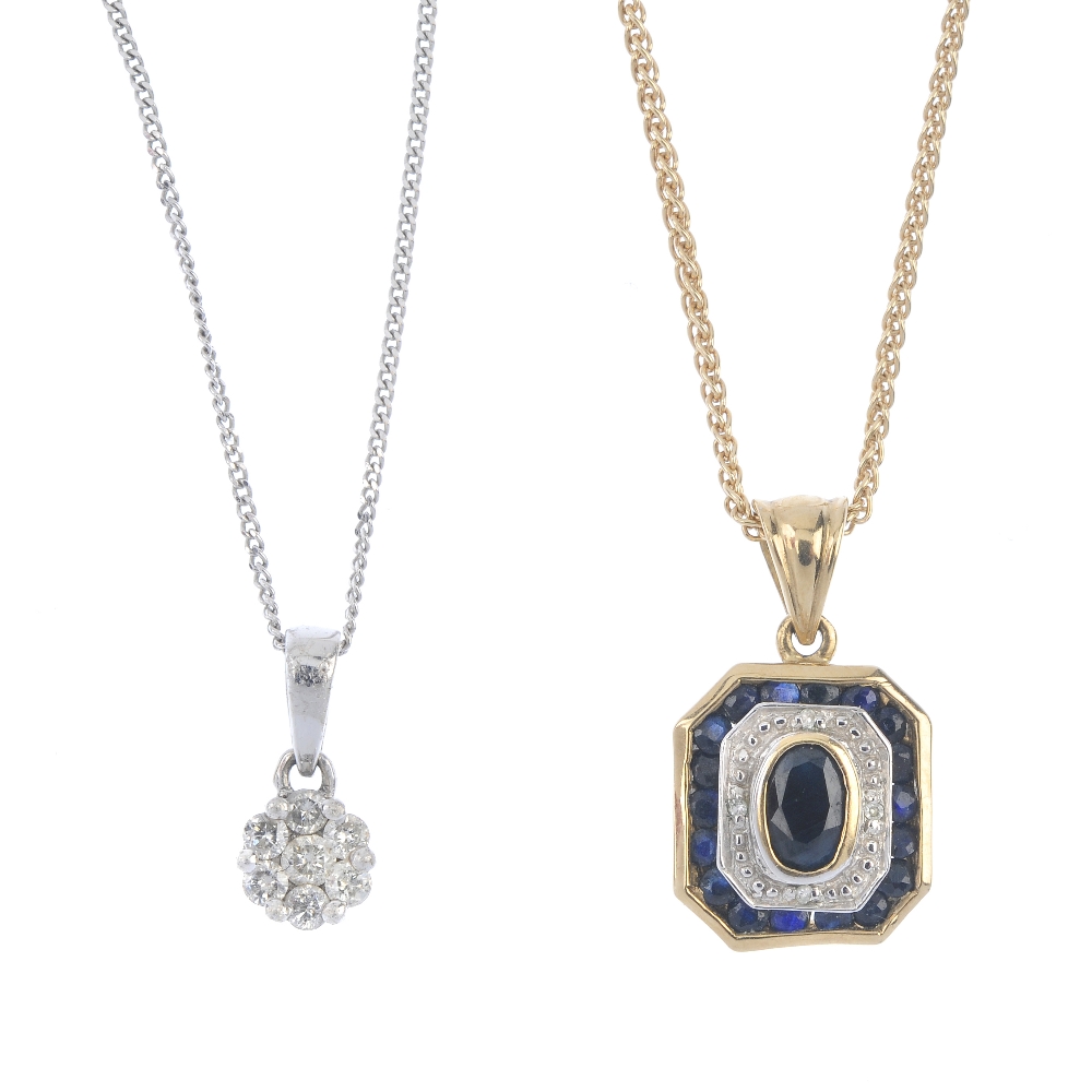 Two diamond and gem-set cluster pendants. To include a 9ct gold sapphire and diamond pendant,