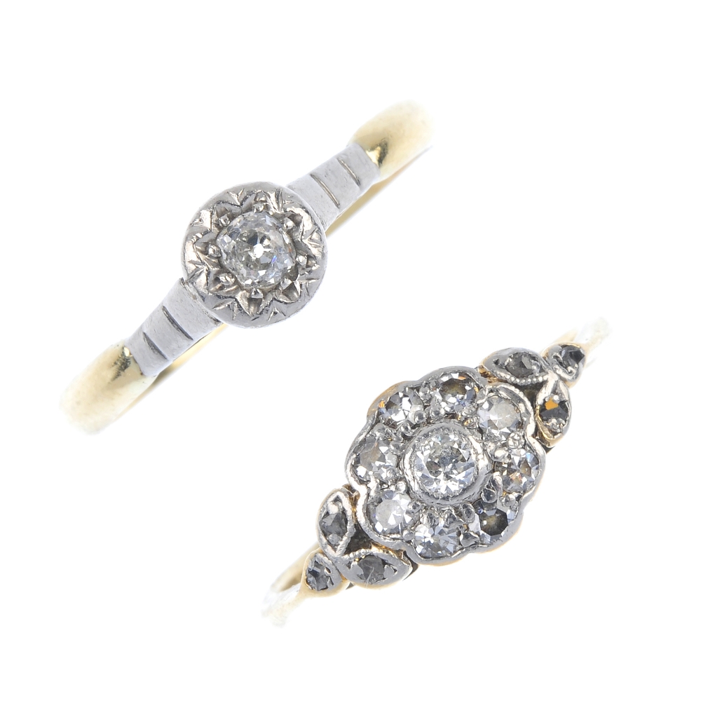 Two early and mid 20th century 18ct gold diamond dress rings. To include a vari-cut diamond floral