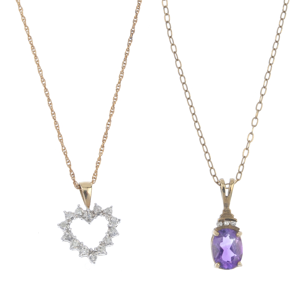 A selection of four pendants. To include an amethyst and diamond pendant, suspended from a 9ct