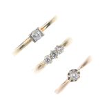 A selection of three diamond rings. To include a 9ct gold three-stone ring, together with two