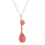 A coral and split pearl pendant. The coral drop with textured cap, suspended from a split pearl