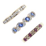 A selection of three diamond and gem-set rings. To include a 9ct gold sapphire and diamond dress