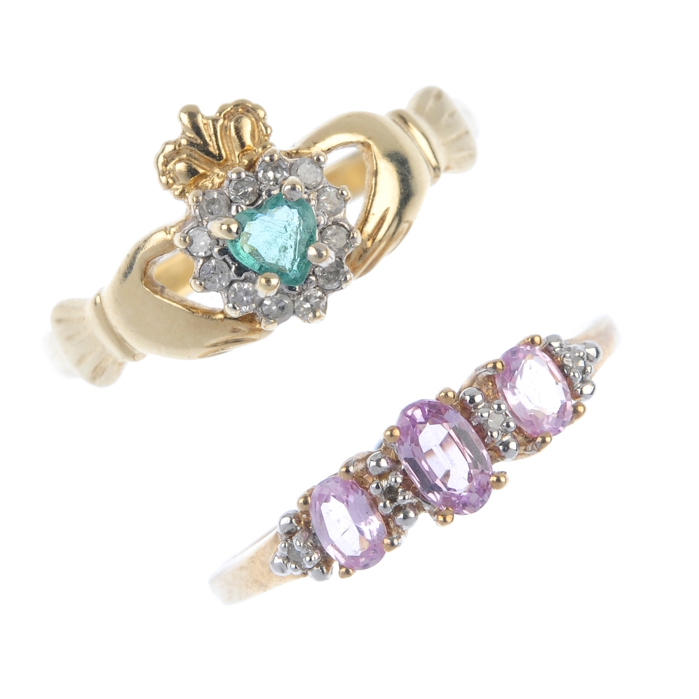 A selection of four diamond and gem-set dress rings. To include a 9ct gold emerald and diamond
