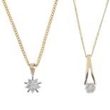 A selection of diamond jewellery. To include two 9ct gold diamond cluster pendants, each suspended