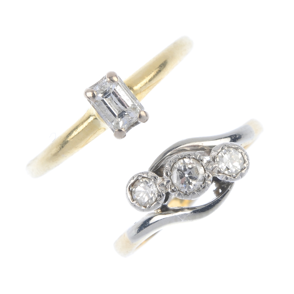 Two diamond rings. To include an 18ct gold rectangular-shape diamond single-stone ring, together