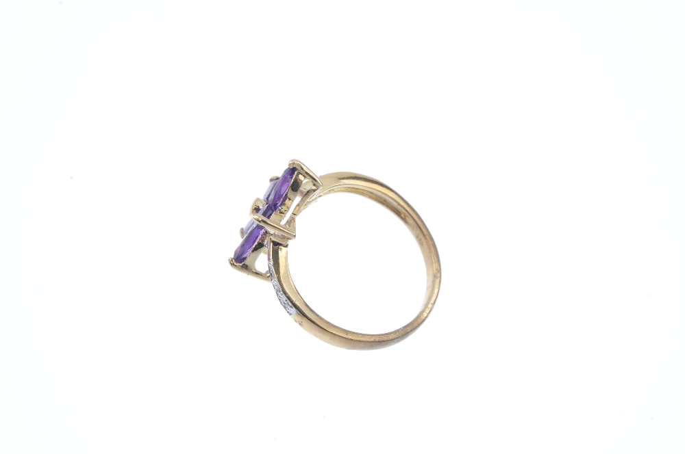 A 9ct gold amethyst and diamond floral ring. The marquise-shape amethyst flower, to the single-cut - Image 3 of 4