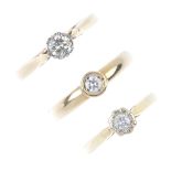 A selection of three 9ct gold diamond single-stone rings. Each designed as a brilliant-cut