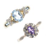 A selection of four 9ct gold gem-set rings. To include an amethyst and diamond cluster ring, a