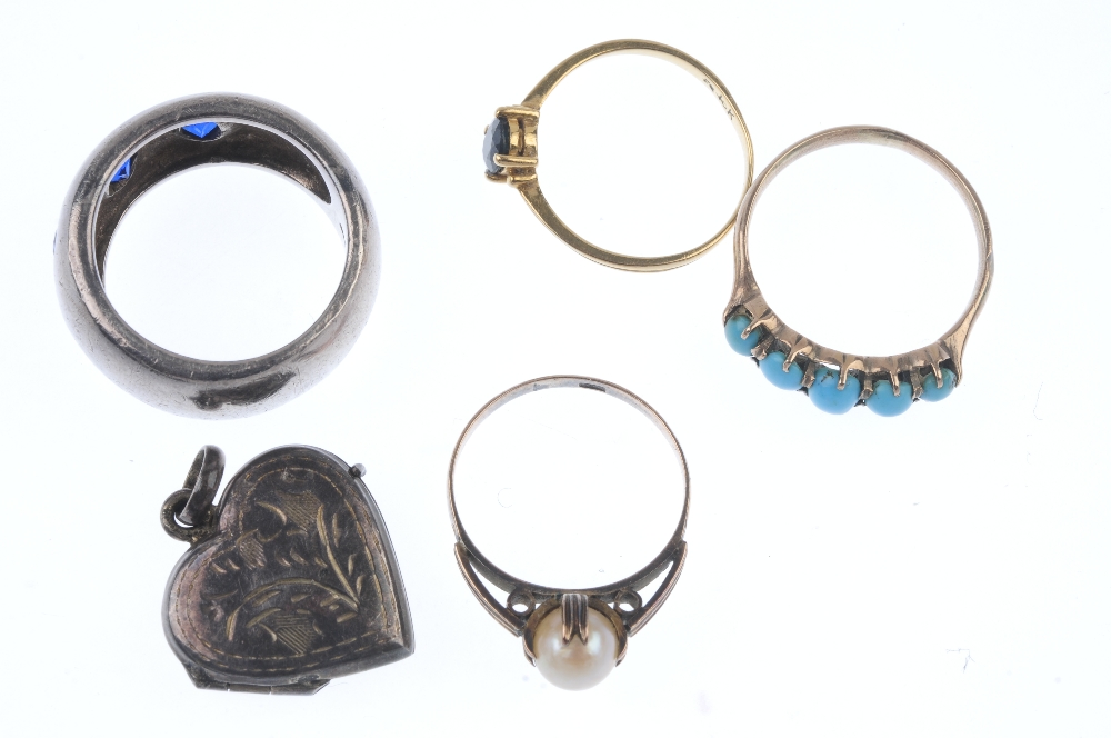 A selection of five items of jewellery. To include a sapphire single-stone ring, a turquoise five- - Image 2 of 2