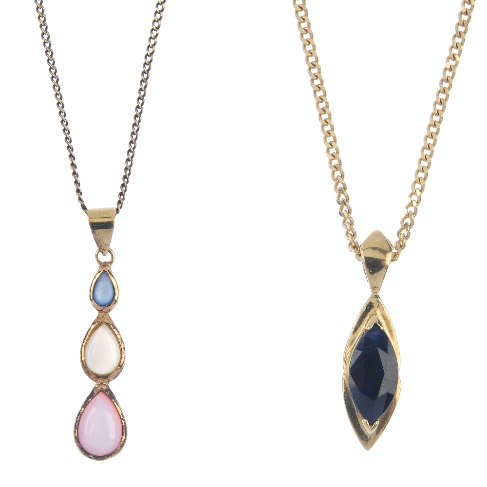 Two gem-set pendants. To include a graduated pear-shape stained mother-of-pearl pendant, together