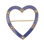 A mid 20th century enamel and split pearl heart brooch. The openwork heart with blue enamel lines