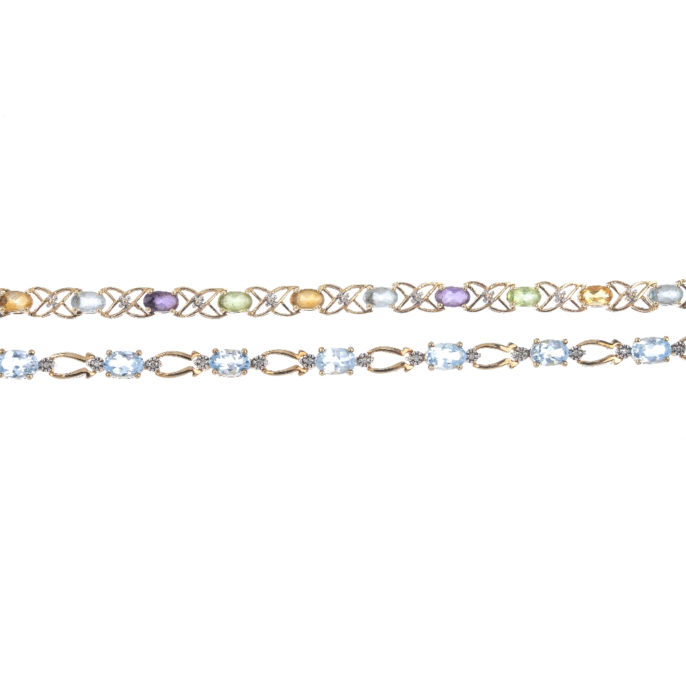 Two 9ct gold gem-set bracelets. To include an alternating oval-shape vari-gem bracelet, together